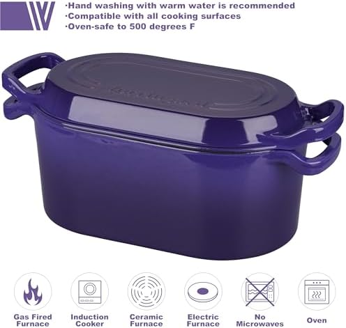 VORRINGARD Oval Dutch Oven Pot with Lid, Enamel Coating Cast Iron Bread Pans for Homemade Sourdough Bread Baking, Cooking, 4 Quart, Purple