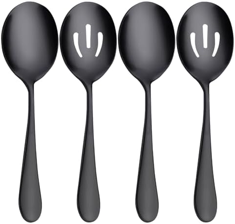 Serving Spoons Set, Black Stainless Steel, 8.7 Inch, Slotted and Solid Serving Utensils for Party Buffet Dinner Banquet Cooking Kitchen Basics, Mirror Finish Flatware, 4 Piece