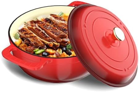 Bonnlo 6QT Round Dutch Oven, Enameled Cast Iron Dutch Oven Pot with Lid & Dual Handles, Oven Safe Up to 500° F, for Sourdough, Bread Baking, Stews and Roasting (Red)