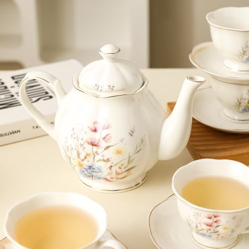 34oz Porcelain Floral Teapot, Classic Tea Gift with Gold Trim