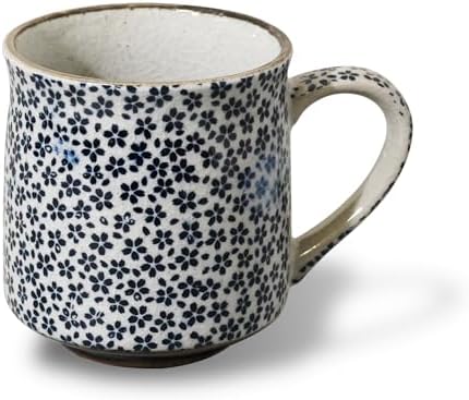 Nostalgic Mino Ware Ceramic Sometsuke Small Mug Cup - Japanese Crafted, Floral Pattern, Comfort Grip Handle, For Coffee and Green Tea or Soup, Matcha Tea, Gift Box Included (Mountain Cherry)