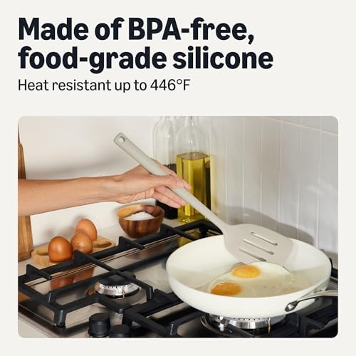 Amazon Basics Silicone Cooking Spoon, Ladle and Spatula Set, 4-Piece, Slotted, Soft Grip Handle, BPA-Free, Dishwasher-Safe, Linen Gray