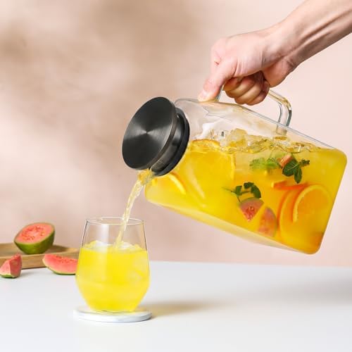 1 Gallon Square Glass Pitcher with Lid and Spout, Borosilicate Glass Carafe for Hot/Cold Drink, Water Pitchers with Handle for Fridge, Extra Large Jug for Iced Tea, Coffee, Juice, Beverage, Black