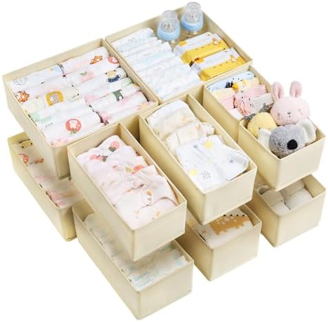Vtopmart 12 Pack Baby Clothes Organizer, Foldable Fabric Drawer Bins, Beige