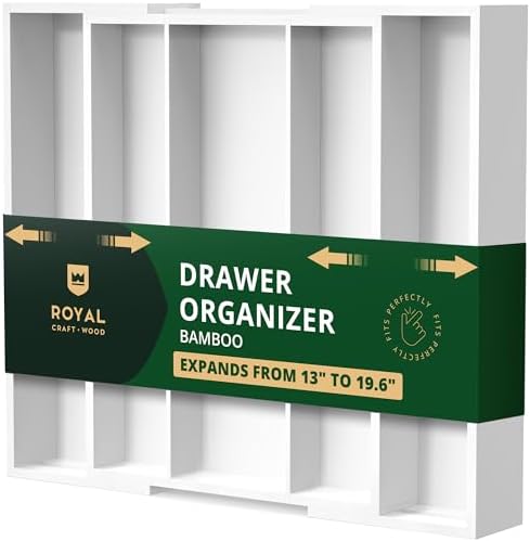 ROYAL CRAFT WOOD Luxury Bamboo Kitchen Drawer Organizer - Silverware Organizer - Utensil Holder and Cutlery Tray with Grooved Drawer Dividers for Flatware and Kitchen Utensils (5 Slot, White)
