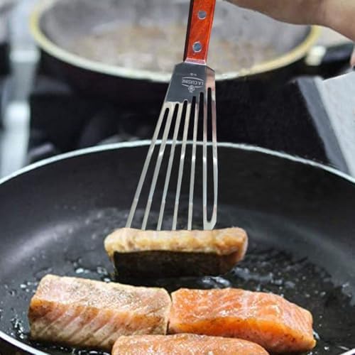 La Cuisine Extra Flexible Stainless Steel Fish Slotted Spatula Turner with Beveled Edge Wood handle, 6.5" Blade, 11" Length for Flipping Fish, Eggs, Pancakes, Patties & Fries