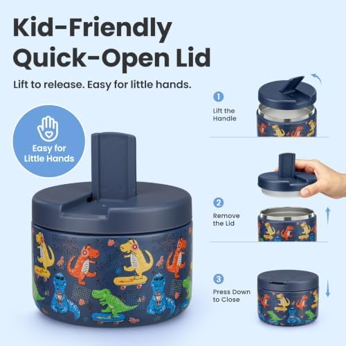 Pawtong 12oz Insulated Vacuum Food Jar with Buckle Lid Wide Mouth Soup Thermo for Hot Food Kids Leakproof Stainless Steel Lunch Container (Blue-Dinosaur)