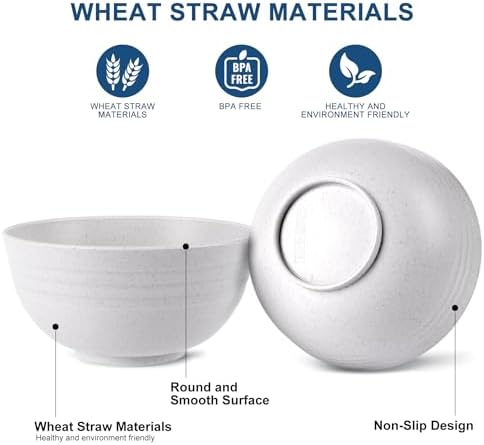 HOTEC Unbreakable Wheat Straw Cereal Bowls - Microwave & Dishwasher Safe Soup and Salad Bowls BPA Free, Set of 8, 26oz, White (Pack of 2)