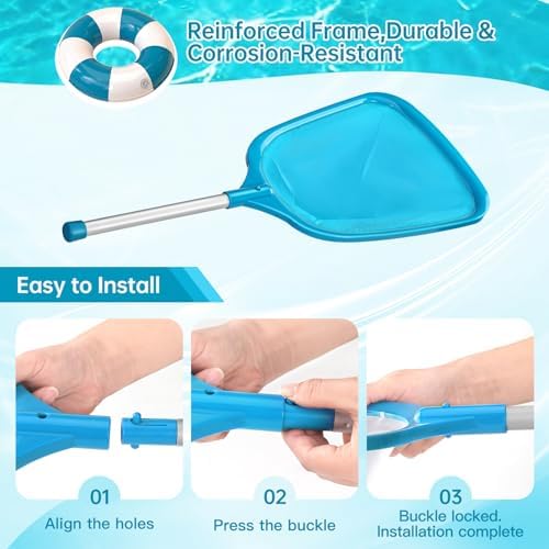 Pool Net, Professional Swimming Pool & Hot Tub Skimmer Net Accessories, Pool Leaf Rake Cleaning Tool with Pole, Fine Nylon Mesh Bag, Easy to Clean Bugs,Leaves,Debris(Blue)