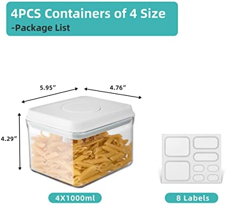 Ankou Airtight Container Set (1000ml 4 Pcs) Stackable One Press Openning Food Containers for Snacks Sugar Salt Herbs Spices Coffee Bean Formula Popcorn BPA-Free Tight Seal - Clear (1.0 QT * 4)