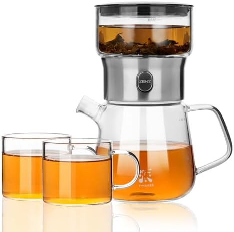 ZENS Modern Glass Infuser Pot Set with 2 Cups, One Touch Loose Tea Maker