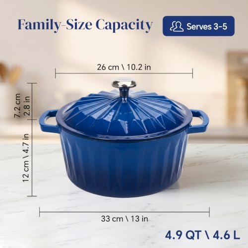 HITROCK Enameled Cast Iron Dutch Oven Pot with Lid,4.9 Quarts Enamel Cast iron Pot with Cotton Potholders for Bread Baking, Braising, Stews, Roasting, Diamond-Inspired Design, Oven Safe up to 500° F, Blue