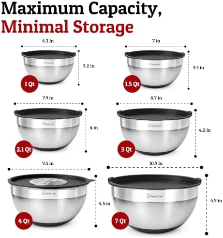 Priority Chef 6Pc Stainless Steel Mixing Bowls with Lids Set, Huge 7 Qrt Size Metal Bowl Set for Kitchen, 3 Graters, Non-Slip Bases & Silicone Utensils Set, Black