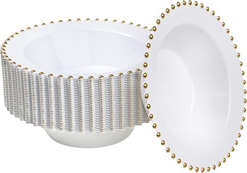 PLASTICPRO 32 Piece Plastic Dinner Plates Bowls Disposable Plastic Fancy Heavy Duty Party Dishes 12 oz White and Gold Bead Bowls