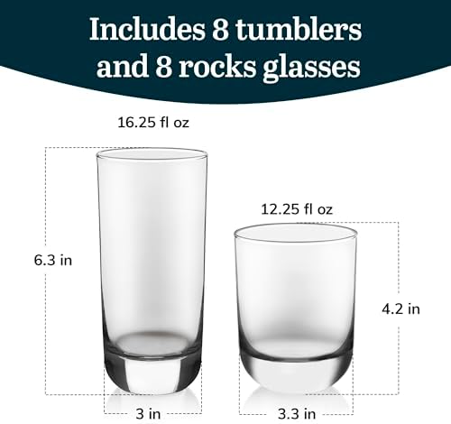 Libbey Polaris Tumbler & Rocks Drinking Glasses Set of 16, Clear Glass Cups