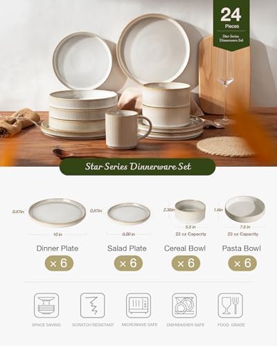 Famiware Star Stoneware Dinnerware Sets with Pasta Bowls, 24pc Dishes for 6