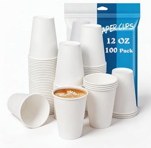 MOUMOULIFE Coffee Cups 12 oz 100 Count Disposable Paper Coffee Cups White