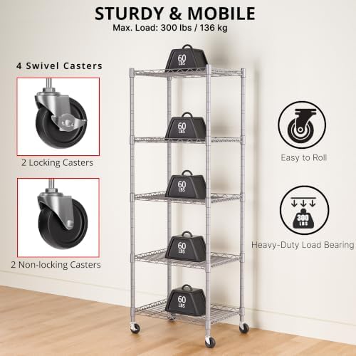REGILLER 5-Wire Shelving Metal Storage Rack Adjustable Shelves,Standing Storage Shelf Units for Laundry Bathroom Kitchen Pantry Closet(Silver,11.8" D x 16.6" W x 53.5" H,With Wheels)
