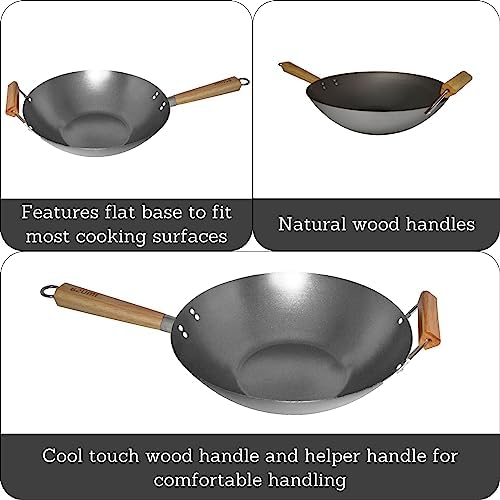 IMUSA 14 Inch Carbon Steel Wok with Wood Handles for Noodles