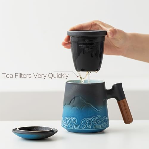 ZENS Tea Cup with Infuser and Lid for Loose Leaf Tea Steeper, 15oz Blue