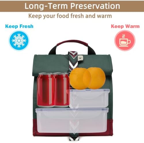 SUNNY BIRD Insulated Lunch Bag Rolltop Lunch Box (Green with Boho strap)