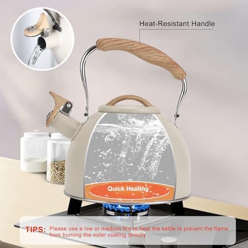 Tea Kettle, Vegoran 100 OZ / 3 Liter Whistling Tea Kettle, Tea Pots for Stove Top Food Grade Stainless Steel with Wood Pattern Folding Handle, Loud Whistle Kettle for Tea, Coffee, Milk (Milk White)