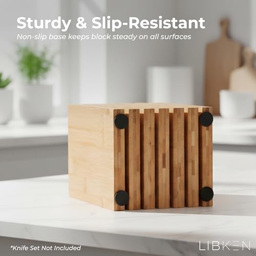 Libken Bamboo Knife Block – Minimal Scandinavian Design, Universal Knife Holder with 6 Slots for Up to 18 Knives – Fits Paring, Chef, Steak, Butcher Knives & Scissors, Countertop Knife Block