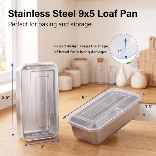 LIANYU 9 x 5 Inch Loaf Pan with Lid, Stainless Steel Bread Pan, Set of 4