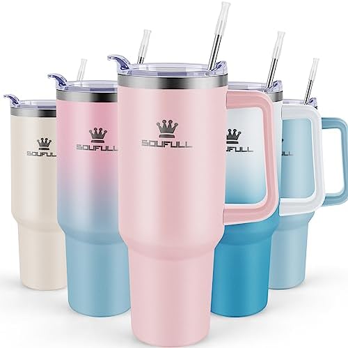 Soufull 40 oz Tumbler with Handle and Straw Lid, 100% Leak-proof, Pink