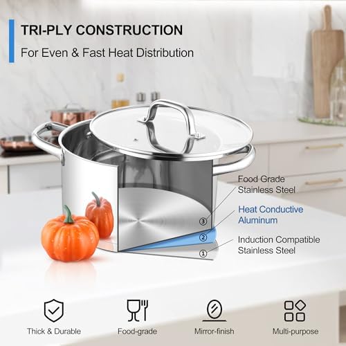 Homikit 5 Quart Stock Pot, Stainless Steel Soup Cooking Pot with Lid for Pasta Sauce Simmering Steaming Stewing, Tri-ply Heavy Bottom Induction Pot, Dishwasher Safe