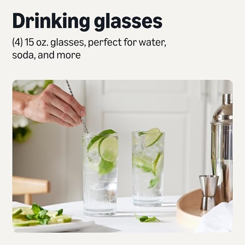 Amazon Basics Drinking Glasses, 15 oz., Sturdy Glass, Rounded for Comfortable Hold, Dishwasher-Safe, Round Shape, 4-Piece Set