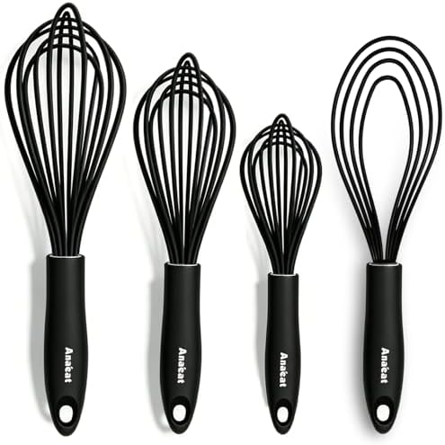 Anaeat Silicone Kitchen Whisk Set of 4, Perfect for Non-Stick Cookware, Egg Beater Milk Blender for Whisking, Cooking, Baking, Beating - 11'' Flat Whisk and 9''+11''+12'' Balloon Whisks (Black)