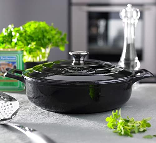 La Cuisine Enameled Cast Iron Braiser Sauté Pan Shallow Dutch Oven with Lid Internal Matt Black Enamel Coating 3.75 QT 11" / 28cm Ø, Oven-Safe 550°F/276°C, For GlassTop, Black