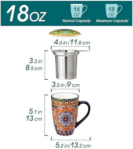 vancasso Ceramic Tea Mug with Infuser and Lid, 18 Ounce Bohemian Loose Leaf Cup, Microwave & Dishwasher Safe, Perfect for Tea, Coffee, Burnt-Cobalt Mandala