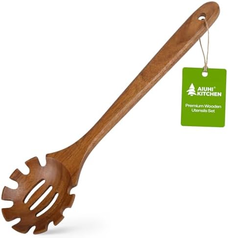 AIUHI Teak Wooden Pasta Fork with Teech, 12.8" Slotted Noodle Server, Heat-Resistant Nonstick-Safe Kitchen Utensil for Stirring & Serving