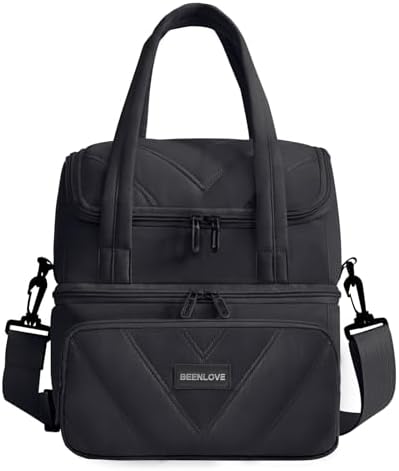Double Decker Lunch Bag Women Men With Cup Holder, Black