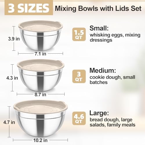 TeamFar Mixing Bowls, Stainless Steel Nesting Salad Bowls & Airtight Lids