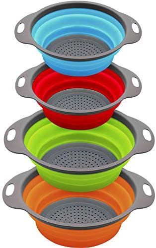 QiMH Collapsible Colander and Strainer Set of 4, 2 PC 4 Quart(1 gal) and 2 PC 2 Quart(0.5 gal), Food-grade Sturdy Plastic Base - Round Space-save Silicone Kitchen Foldable Strainer for Pasta, Veggies