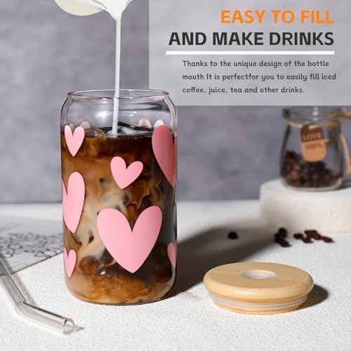 DWTS DANWEITESI Glass Cups with Lids and Straws with Design Pink Hearts 4 pcs,Clear Glass Cups 16 oz-Glass Tumbler,Cute Glass Iced Coffee Cups with Lids and Straws 480ml