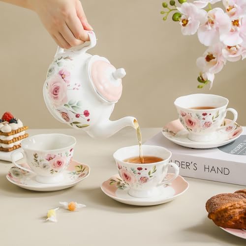 6oz Floral Porcelain Tea Cup & Saucer Set of 6, Pink Rose, Party