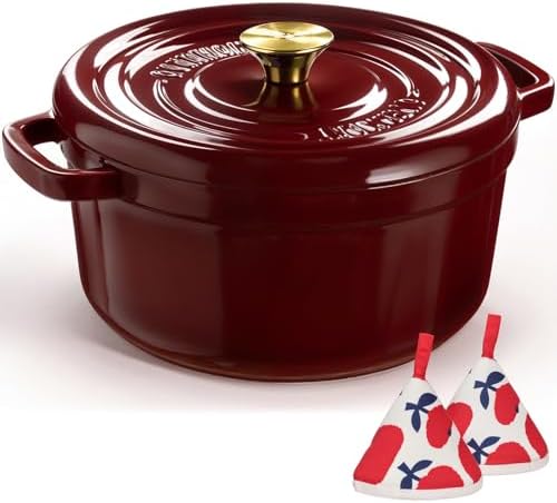 Overmont Enameled Cast Iron Dutch Oven - 5QT Pot with Lid Recipe Potholders