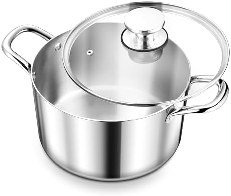 Herogo 4.5 Quart Stock Pot, Tri-Ply Cooking Pot with Lid, 18/10 Stainless Steel Pasta Stockpot with Handles, 4.5 QT Stockpot for Induction Electric Gas Stove, Dishwasher Safe
