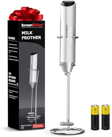 Bonsenkitchen Milk Frother with Stand for Coffee, Battery Operated Frother