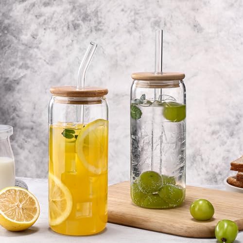 DWTS DANWEITESI Glass Cups “20oz”,Glass Cups with Lids and Straws 4 pcs-Coffee Cups,Drinking Glasses Set,Glass Tumbler with Straw and Lid Gift 2 Cleaning Brushes 600ml
