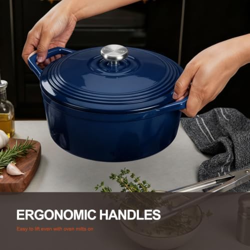 Overmont Enameled Cast Iron Dutch Oven - 5.5QT Pot with Lid Cookbook & Cotton Potholders - Heavy-Duty Cookware for Braising, Stews, Roasting, Bread Baking Midnight Sapphire