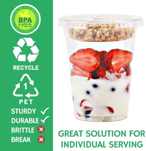 Aatriet 12 oz Clear Plastic Parfait Cups with Insert & Flat Lids No Hole - (50 Sets) Yogurt Fruit Parfait Cups for Kids, for Dips and Veggies, Take Away Breakfast and Snacks. No Leaking