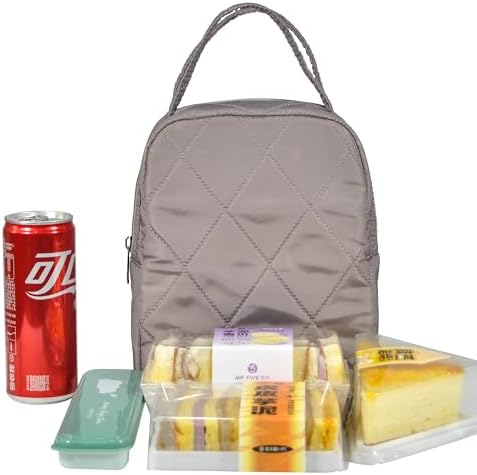 Machine Washable Women Quilted Fabric Insulated Reusable Cooler Lunch Bag Tote Adult Thermal Lunch Box Storage Bag for Ｗork (Grey #2)