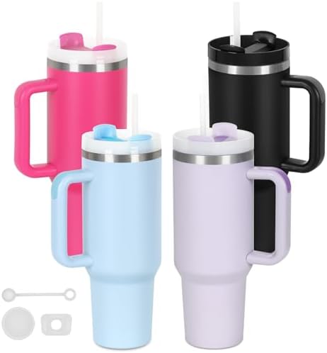 4 Pack 40 Oz Tumblers with Handle Bulk, Double Wall Vacuum Insulated Stainless Steel Tumblers with Lid and Straw, 40 oz Cups with Silicone Spill Proof Stopper Set (Black,Sky Blue,Purple,Hot Pink)