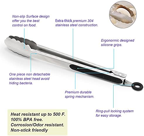 304 Stainless Steel Kitchen Cooking Tongs, 12 & 14 Inch, Set of 2, Black