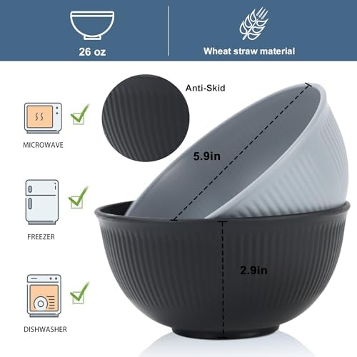 Wrova Plastic Bowls Microwave Safe, Wheat Straw Bowls Set, 8 PCS, 26 OZ